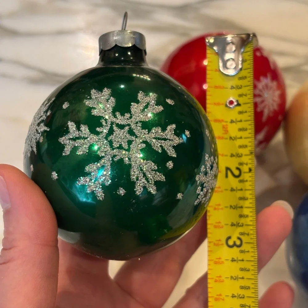 Vintage Glass Ball Ornaments Set of 4 Multicolor Snowflake Glitter MCM 2.5